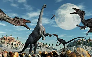 Velociraptor: A lone Camarasaurus dinosaur is confronted by a pack of ?