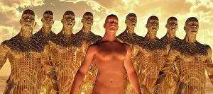 Humanoid: A lone human figure standing in a lineup of android copies