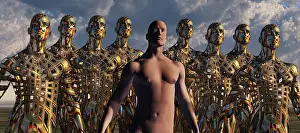 Humanoid: A lone human figure standing in a lineup of android copies