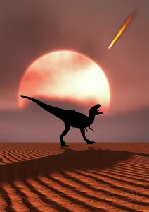 Tyrannosaurus: A lone T-rex watches a falling asteroid that will