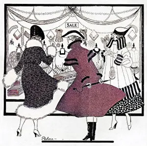 Thrifty: Looking in a shop window during the sales, WW1