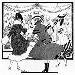 Thrifty: Looking in a shop window during the sales, WW1
