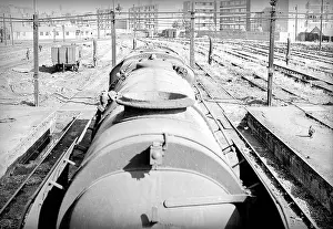 Bedford: Looking along top of steam engine in Nine Elms Loco Yard