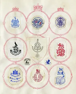 Mottos: Loose page from a scrapbook of crests and heraldry