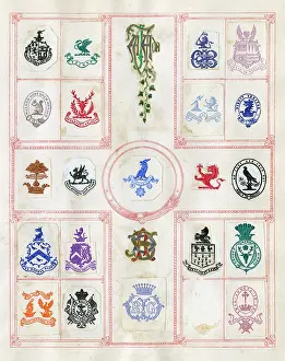 Mottos: Loose page from a scrapbook of crests and heraldry