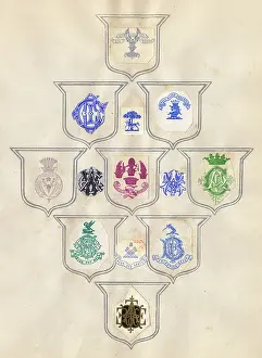 Mottos: Loose page from a scrapbook of crests and heraldry