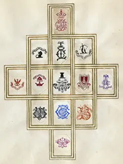 Mottos: Loose page from a scrapbook of crests and heraldry