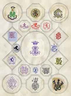 Mottos: Loose page from a scrapbook of crests and heraldry