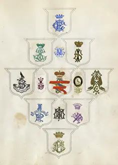 Mottos: Loose page from a scrapbook of crests and heraldry