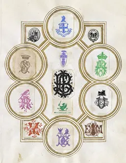 Mottos: Loose page from a scrapbook of crests and heraldry