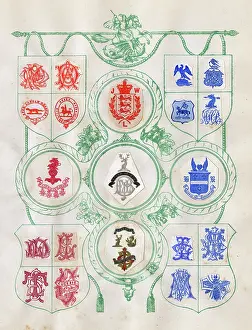 Mottos: Loose page from a scrapbook of crests and heraldry