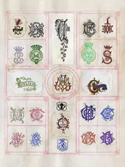 Mottos: Loose page from a scrapbook of crests and heraldry