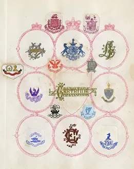 Mottos: Loose page from a scrapbook of crests and heraldry