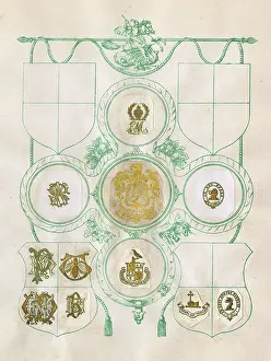 Mottos: Loose page from a scrapbook of crests and heraldry