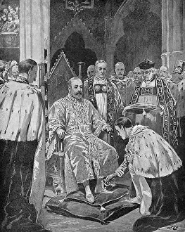 Coronations: Lord Great Chamberlain presenting spurs to the King