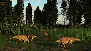 Searching: Lotosaurus reptiles dig for clams in a tidal swamp