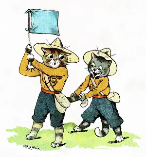 Semaphore: Louis Wain Cat Scout pulling tail of semaphore flag waver