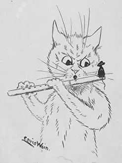 Annoyed: Louis Wain - flute player and mouse