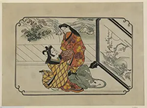 Straddling: Two lovers embracing in front of a painted screen