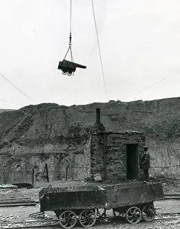 Lowering: Lowering a tram, Penyrorsedd Slate Quarry, North Wales