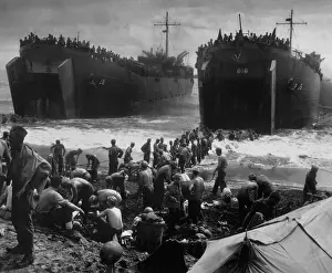Leyte: LST's off Leyte Island beach, shortly after the