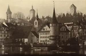 Luzern: Lucerne - View with the Musegg Wall & Towers in rear