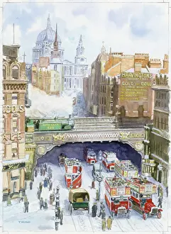 Ludgate: Ludgate Hill with viaduct, buses & St Paul's