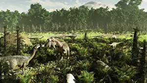 Paleoecology: Lurdusaurus and Nigersaurus dinosaurs grazing a prehistoric