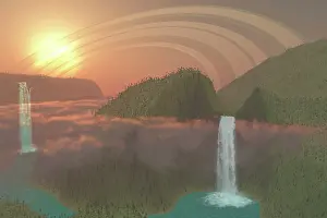 Overlooking: Lush tropical jungle, river systems and waterfalls on an ?