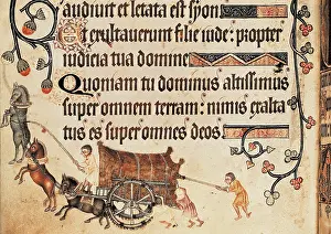 Luttrell: Luttrell Psalter. 14th c. Blocked cart pulled