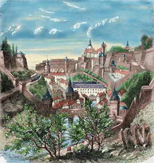 Luxembourg: Luxembourg. 19th century. View of the city. Colored engravin