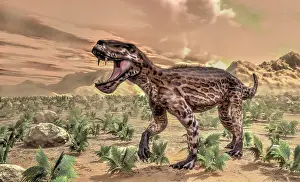Gorgonopsid: Lycaenops dinosaur roaring in the desert