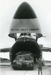 Abrams: An M-1 Abrams tank leaves a Lockheed C-5A Galaxy