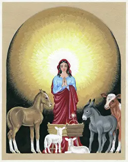 Crib: Madonna adoring, with animals round crib