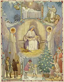 Decorates: Madonna and Child with Christmas scenes