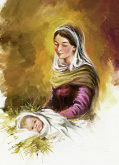 Bown: Madonna beside Child lying on straw