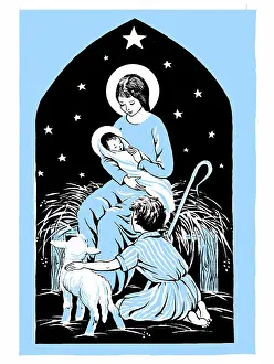 Two Colour: Madonna and Child, shepherd boy and lamb