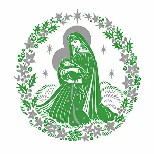 Two Colour: Madonna and Child with a wreath around