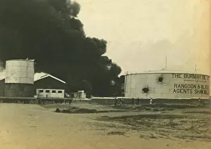 Burmah: Madras fuel tanks on fire, WWI