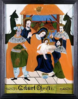 Eglomise: Three mage in front of the manger, birth of Christ, 19. Cent