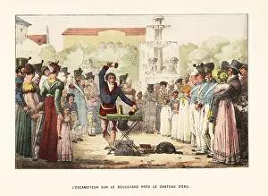 Hachette: Magician performing sleight of hand, Chateau d'Eau, 1820s