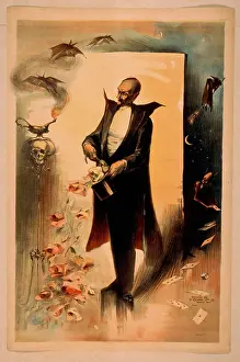 C1892: Magician pulling roses out of top hat surrounded by supernat