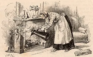 Prevent: A maid pouring a jug of water on a fire in an