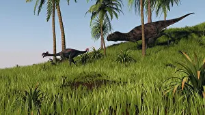 Oviraptorosaur: Majungasaurus chasing a Gigantoraptor
