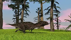 Carnotaurinae: Majungasaurus running across a grassy field