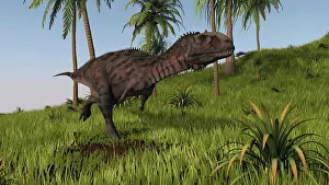 Carnotaurinae: Majungasaurus running across a grassy field
