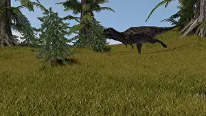 Savanna: Majungasaurus running across a grassy field