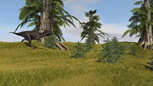 Tempskya: Majungasaurus running across a grassy field