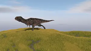 Savanna: Majungasaurus running across a grassy field