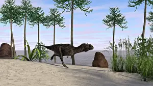 Carnotaurinae: Majungasaurus running along the shore